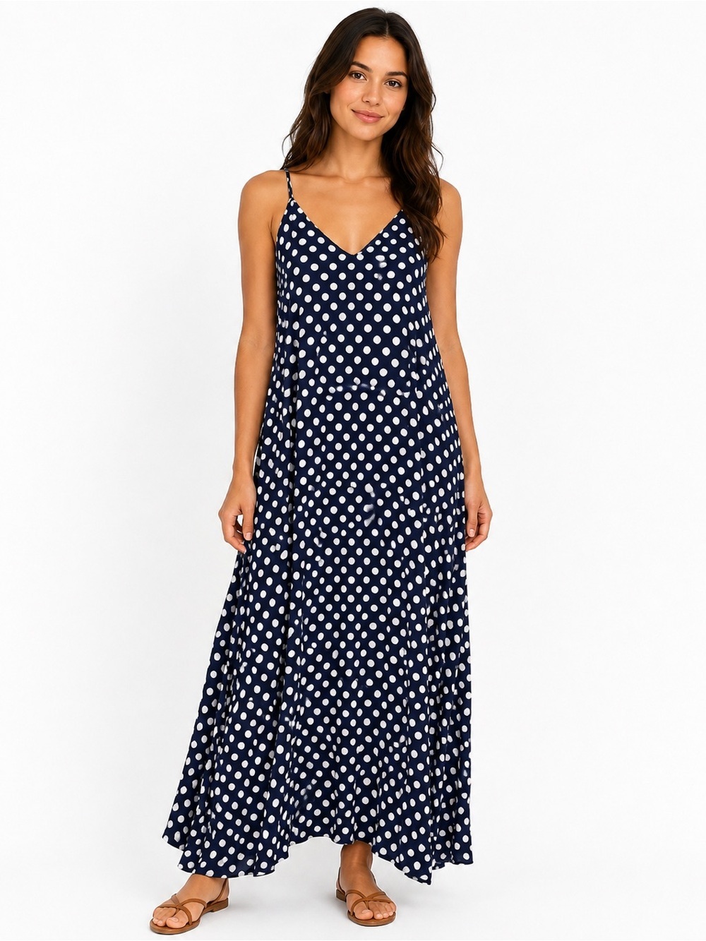 Polka Dot Navy Maxi Dress with Spaghetti Straps